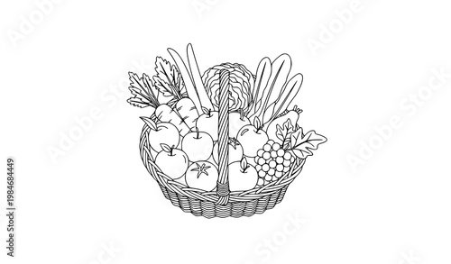 Minimal line wicker basket with fruits and vegetables top view outline vector illustration