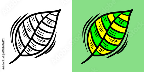 Hand Drawn Leaf Illustration with Bold Outline and Colorful Pattern