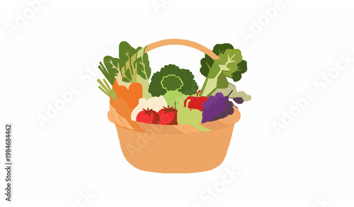 Wicker basket with fresh fruits and vegetables flat vector illustration healthy organic food collection