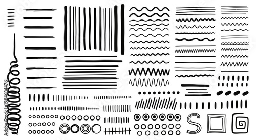 Versatile collection of hand-drawn doodle lines, artistic brush strokes, and diverse graphic elements, featuring wavy, straight, zigzag, and dashed patterns for creative design