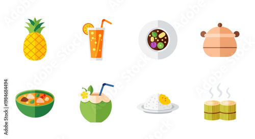 Diverse collection of vibrant flat vector icons illustrating delicious tropical and Asian culinary delights, featuring refreshing drinks, savory dishes, and sweet treats