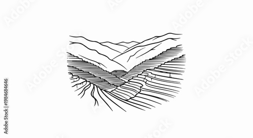 Stylized sketch of cascading terraced fields against a mountainous backdrop