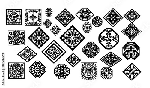 Modern black ornamental floral geometric icon collection with abstract shapes and decorative patterns