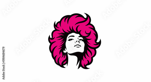 Stylized portrait of a woman with voluminous hot pink hair and bold black outlines