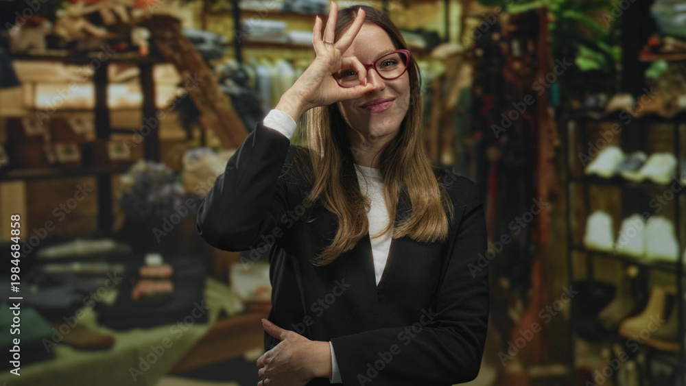 Fototapeta premium Woman making ok sign over eye with hand in building retail shop filled with shoes and shelves and display racks; playful confidence.