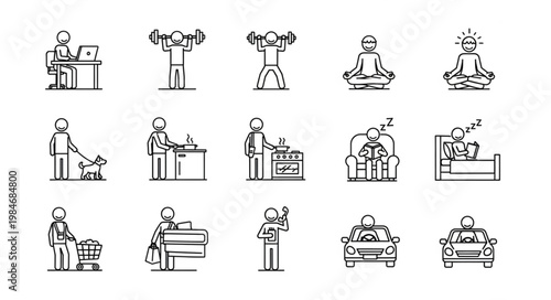 Collection of Simple Line Art Icons Representing Daily Activities and Lifestyles.