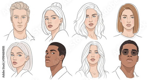Diverse Group of People Portraits Stylized Illustration.