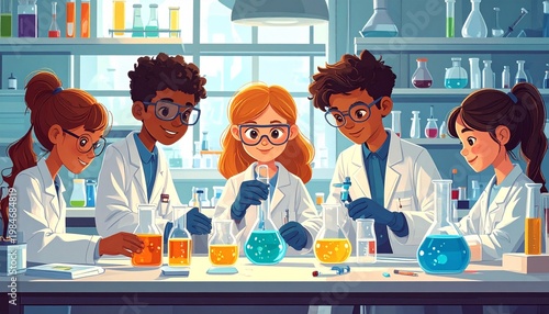 Diverse students conducting scientific experiments in a laboratory setting.