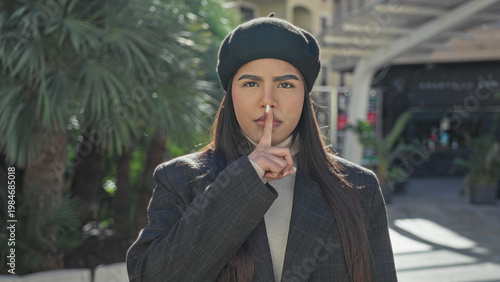 Cuadro en lienzo Woman latin holds index finger to lips for silence on street wearing beret and coat; silence resolve