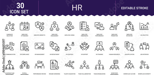 HR line icons set editable stroke candidate selection employee attendance benefits engagement