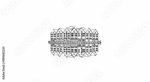 Stylized sketch of historic buildings mirrored in water