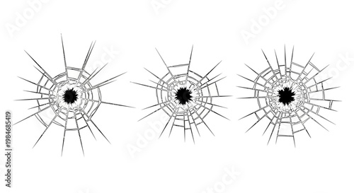 Set of three realistic bullet hole cracks on white background, graphic design elements