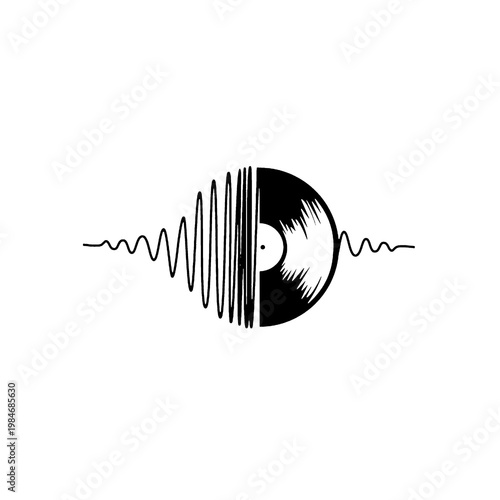 Foto Vinyl Record with Sound Wave Icon Minimal Line Art Isolated on Transparent Backg
