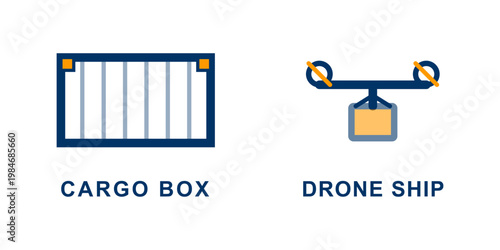 Cargo box and drone ship icons with text labels