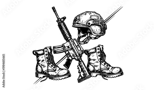 Grunge Style Military Gear Arrangement Helmet Rifle and Boots Black White Vector Concept