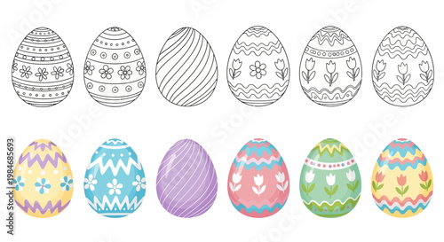 Collection of colorful and black and white illustrated Easter eggs with various decorative patterns, perfect for spring holiday crafting and design projects