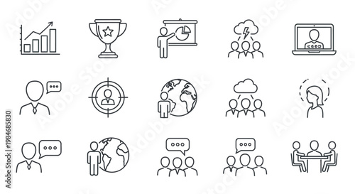 Business strategy and teamwork icons showcasing analytics, success, presentation, global connection, and collaboration for professional growth and development