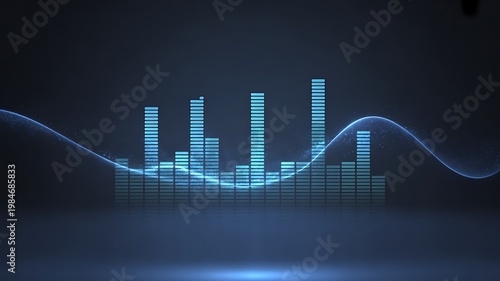 Abstract Blue Digital Bar Chart with a Wavy Line Overlay on a Dark Background