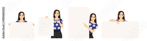 Set of young woman with long hair holding and pointing to the empty blank board different directions. Isolated vector illustration collection