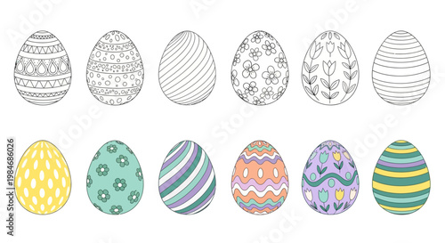 Collection of thirteen decorative Easter eggs with various patterns and colors for holiday celebrations