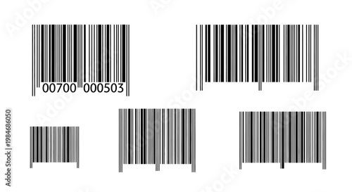 Collection of five different size and type barcodes for scanning and product identification purposes