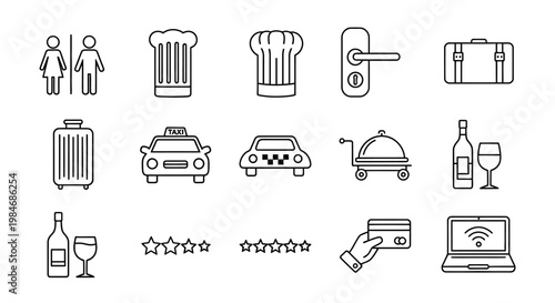 Set of black and white icons representing travel, hospitality, and transportation services, including luggage, taxis, and hotels