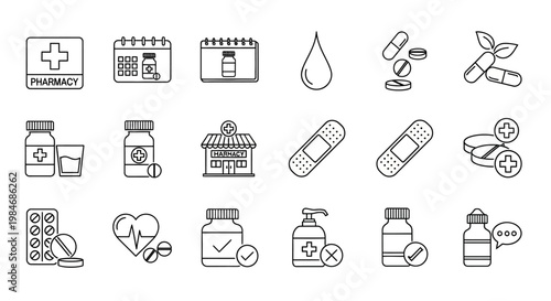 Collection of Medical and Pharmacy Icons for Healthcare and Wellness Services, Including Pills, Bandages, and Medical Buildings