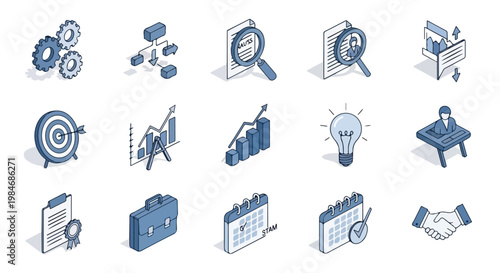 This vector illustration features a set of fifteen isometric icons representing various business concepts like growth, goals, and teamwork.