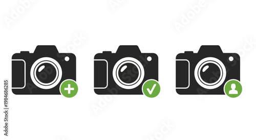 Set of three black camera icons with a plus sign, a checkmark, and a person symbol, representing camera features or options