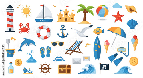 Colorful beach vacation icons and symbols.