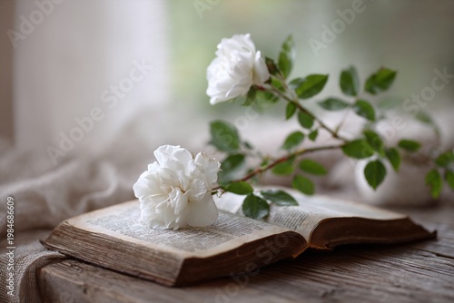 White roses on open vintage book on wooden table