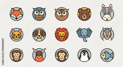 Colorful animal faces in circles.