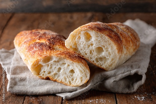 Fresh sliced artisan bread on rustic wooden table