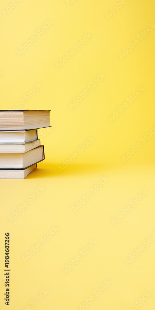 Fototapeta premium Low stack of books positioned left on bright yellow background