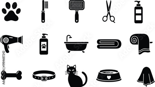 Collection of black and white pet grooming and care icons for domestic animals and pets