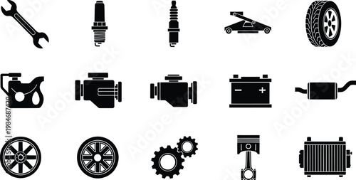 Collection of automotive car part and repair tool icons isolated on a white background
