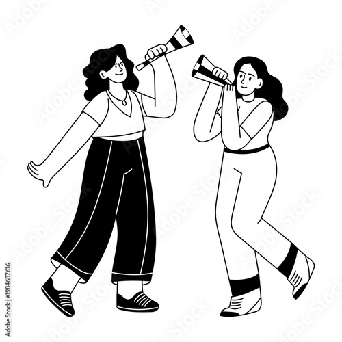 A glyph style illustration showing friends blowing whistle 
