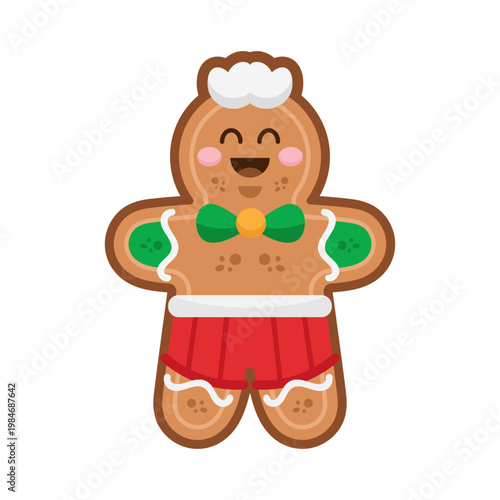 Cute Kawaii Gingerbread Man in Chef Outfit with Green Hat Colored Cartoon Illustration