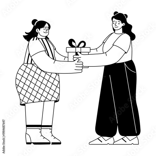 A glyph style illustration showing friends exchanging gifts 
