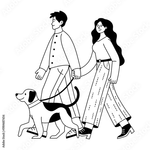 A glyph style illustration showing dog walk 
