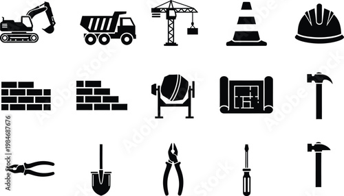 Collection of black and white construction icons featuring heavy machinery, tools, and equipment