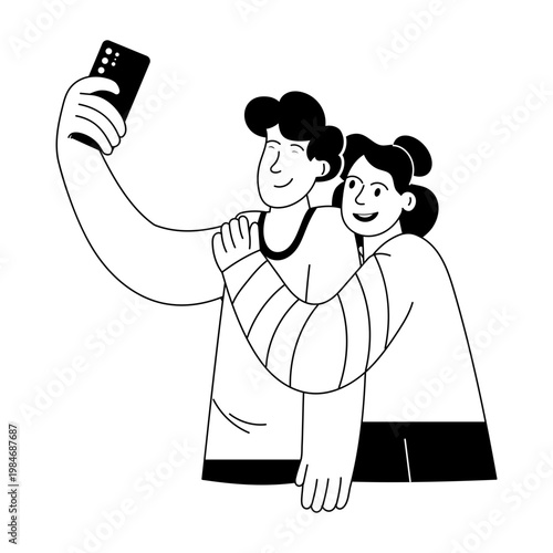 Glyph style illustration showing friends taking selfie 
