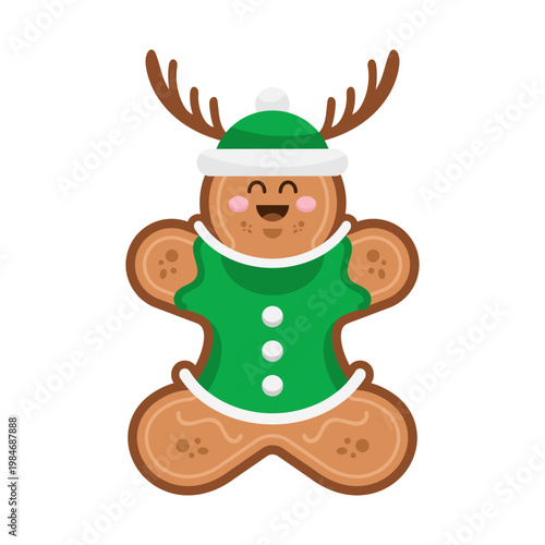 Cute Kawaii Christmas Reindeer Wearing Green Elf Outfit with Scarf Cartoon Illustration