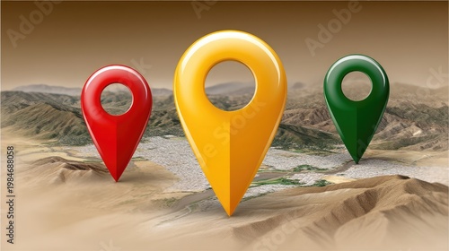 Colorful location pins on a mountain background showing markers for different points of interest during daytime in a minimalistic setting