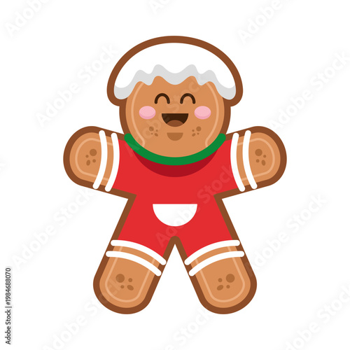  Cute Kawaii Gingerbread Man Cookie in Red Outfit with Arms Raised Cartoon Illustration