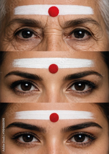 Vertical triptych of an Indian woman with bindi and white tilak, illustrating beauty and identity across three life stages.