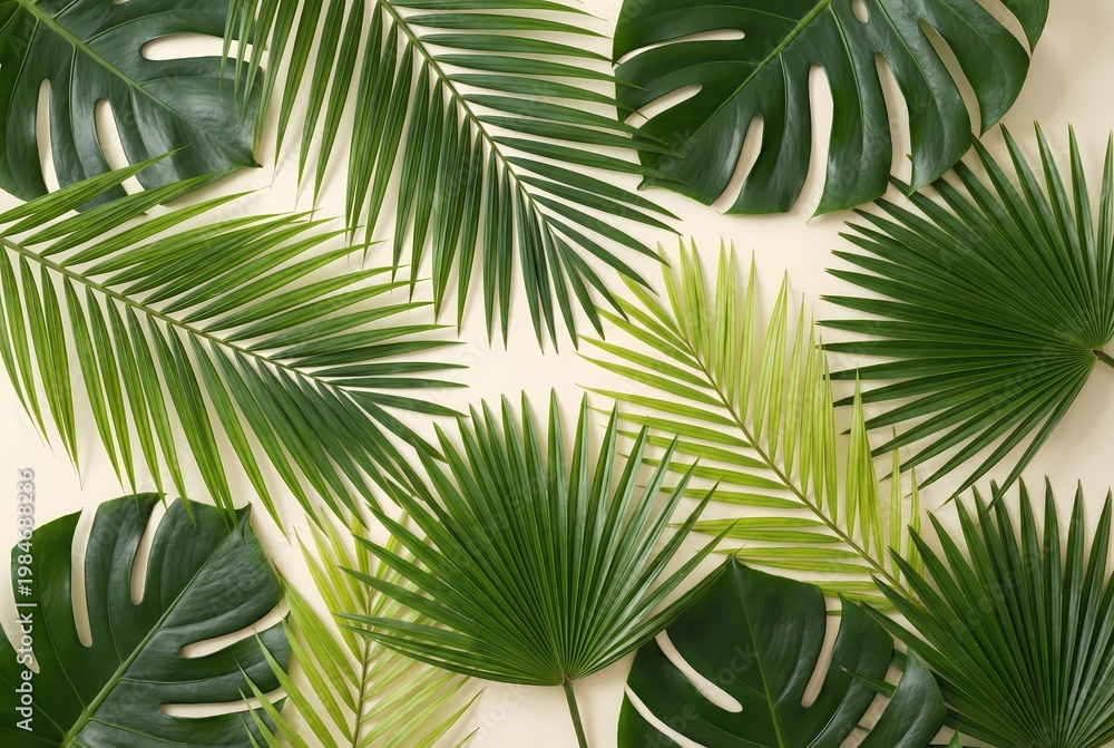Fototapeta premium Tropical palm and monstera leaves flat lay