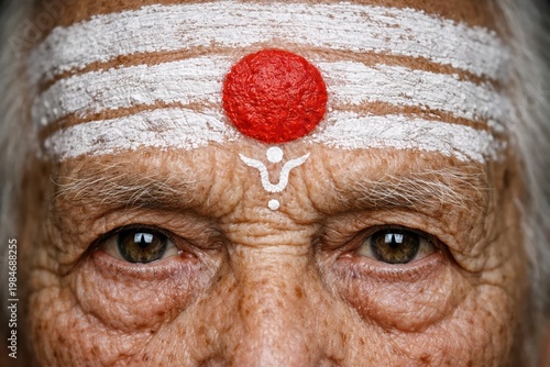 Intense closeup of an elderly Indian man wearing tripundra and trishul tilak, highlighting age, devotion, and facial texture.