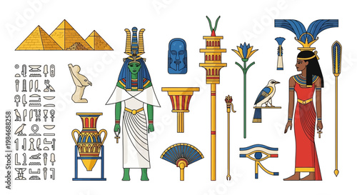 Ancient Egyptian Symbols and Figures: Pyramids, Hieroglyphs, Gods, Goddesses, and Artifacts