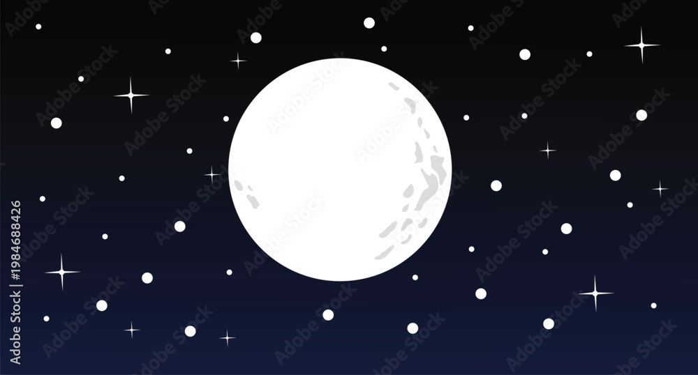 Naklejka premium Full Moon Illustration in the Dark Starry Night Sky with Bright Glowing Stars and Galaxy Background.